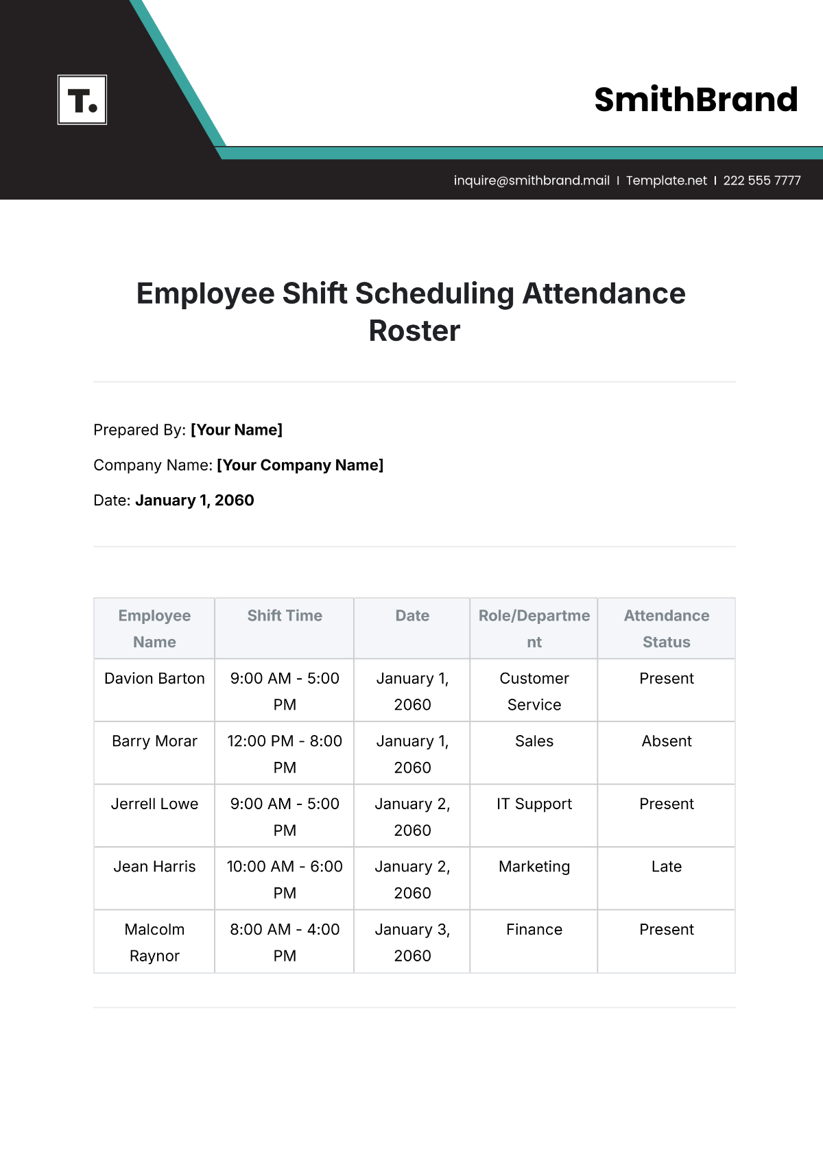 Employee Shift Scheduling Attendance Roster Template - Edit Online & Download