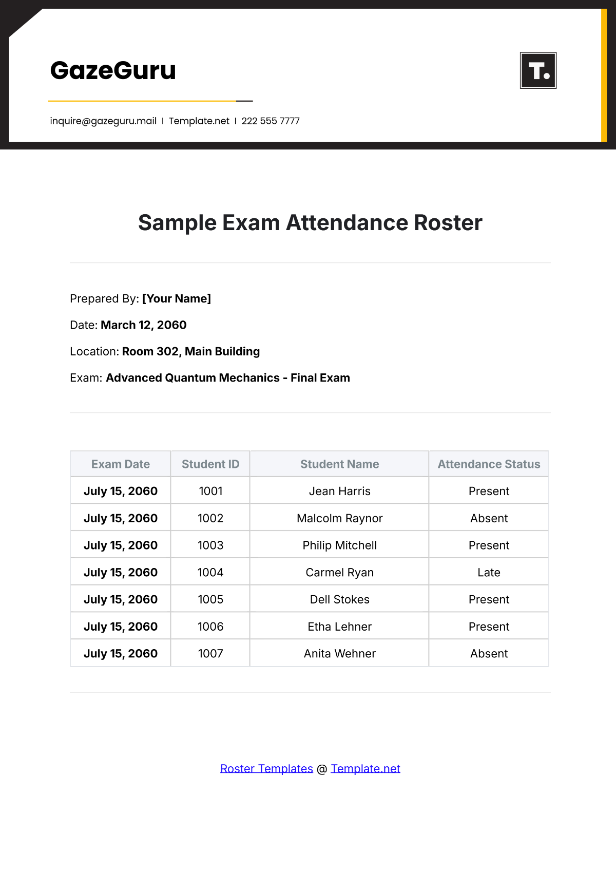 Sample Exam Attendance Roster Template - Edit Online & Download