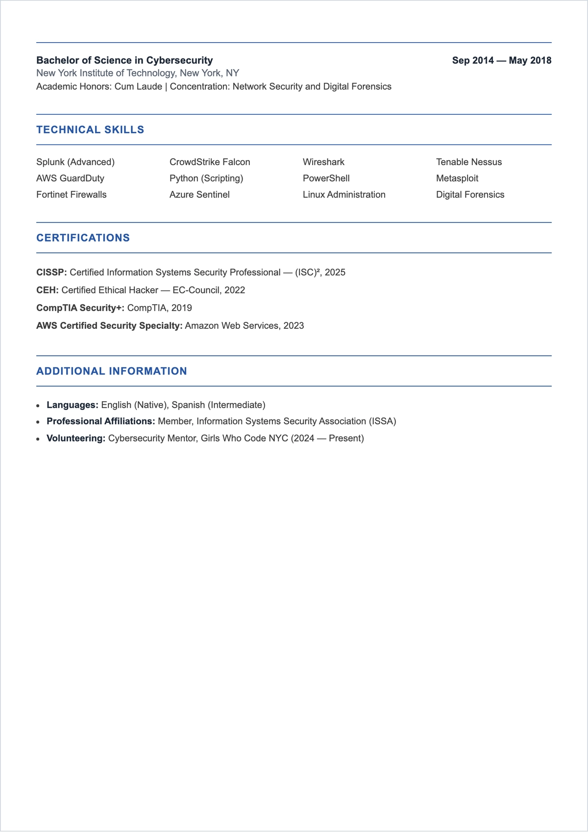 Free Simple Cybersecurity ATS Resume Template, AI Resume Builder
