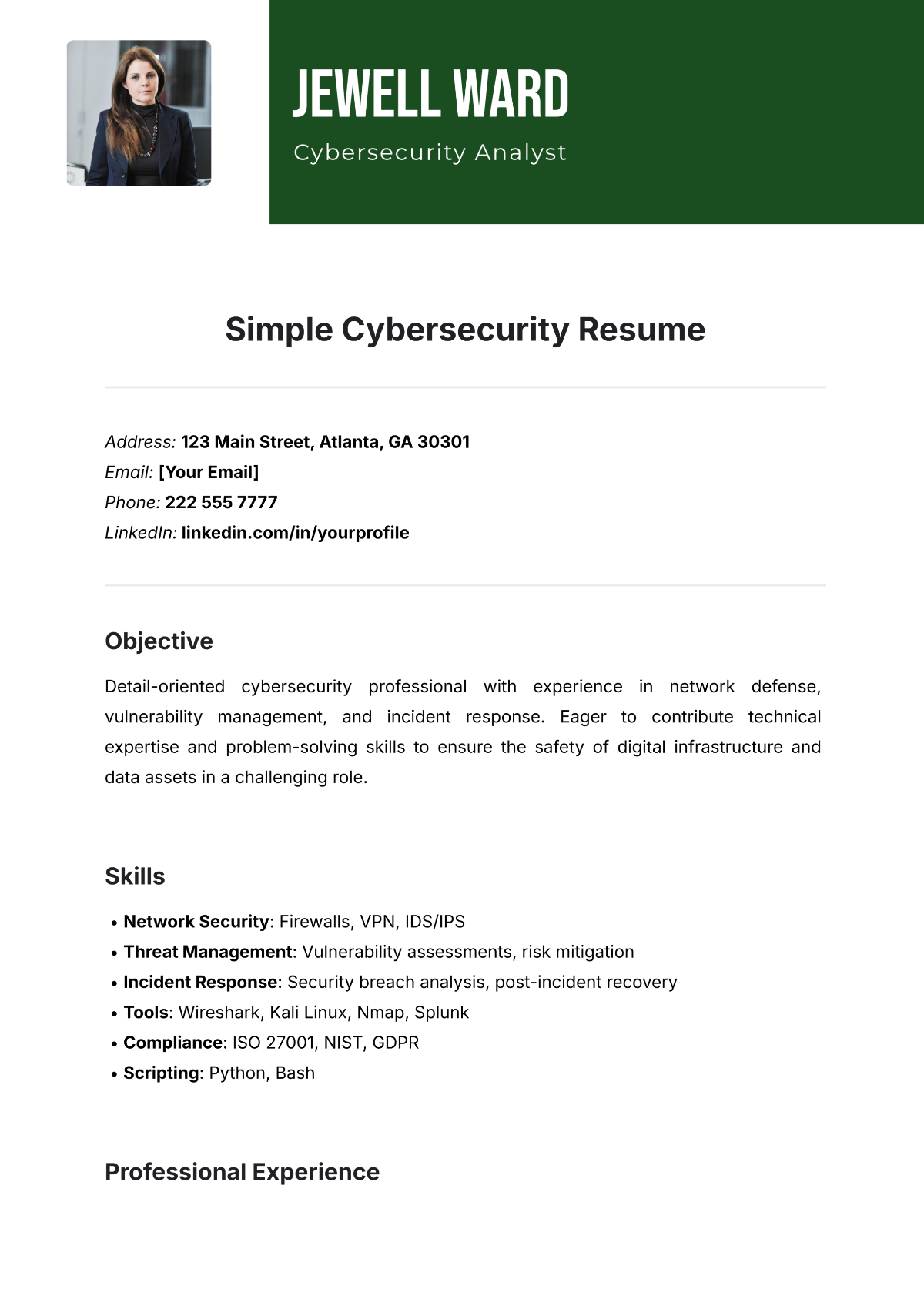 Simple Cybersecurity Resume Template - Edit Online & Download