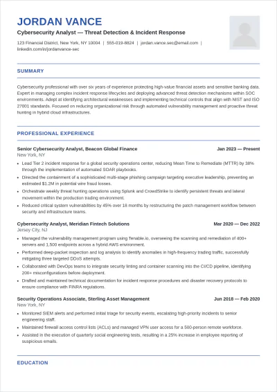 Free Simple Cybersecurity ATS Resume Template, AI Resume Builder