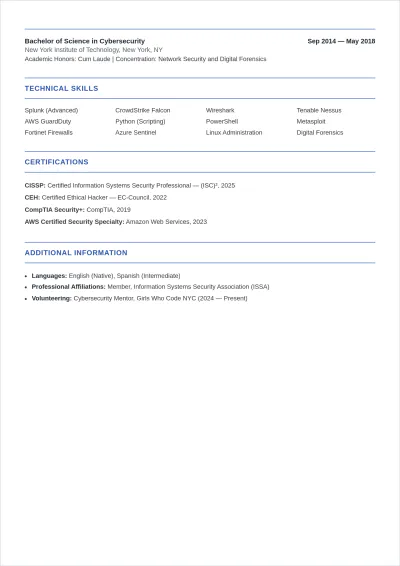 Free Simple Cybersecurity ATS Resume Template, AI Resume Builder
