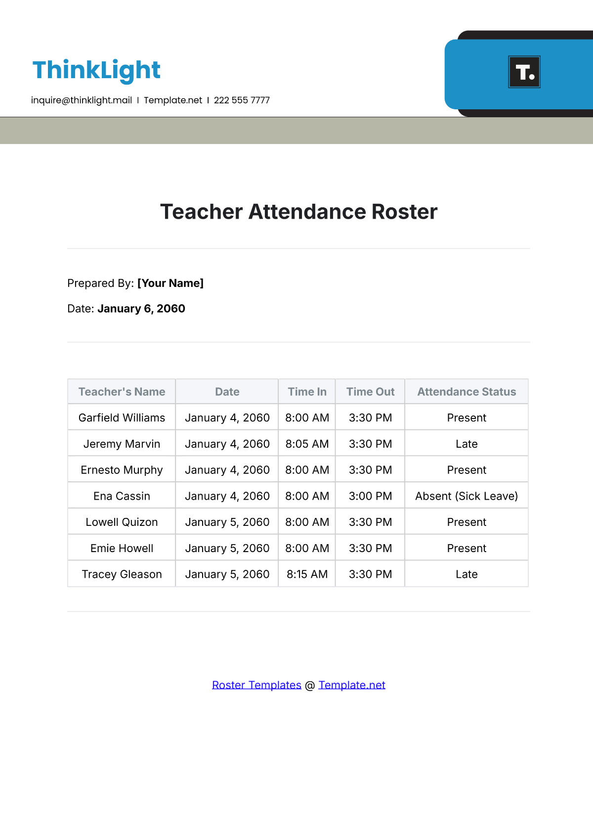 Teacher Attendance Roster Template - Edit Online & Download