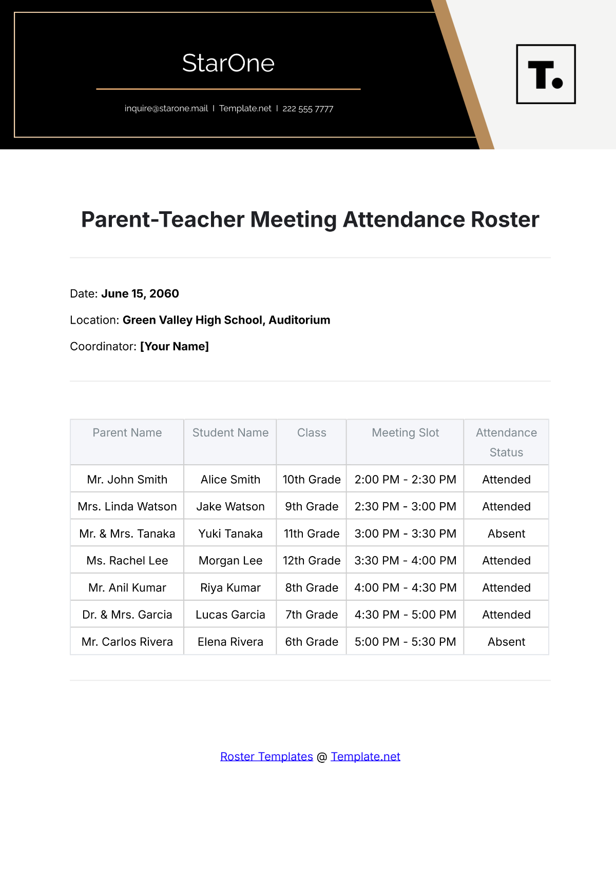 Parent-Teacher Meeting Attendance Roster Template - Edit Online & Download