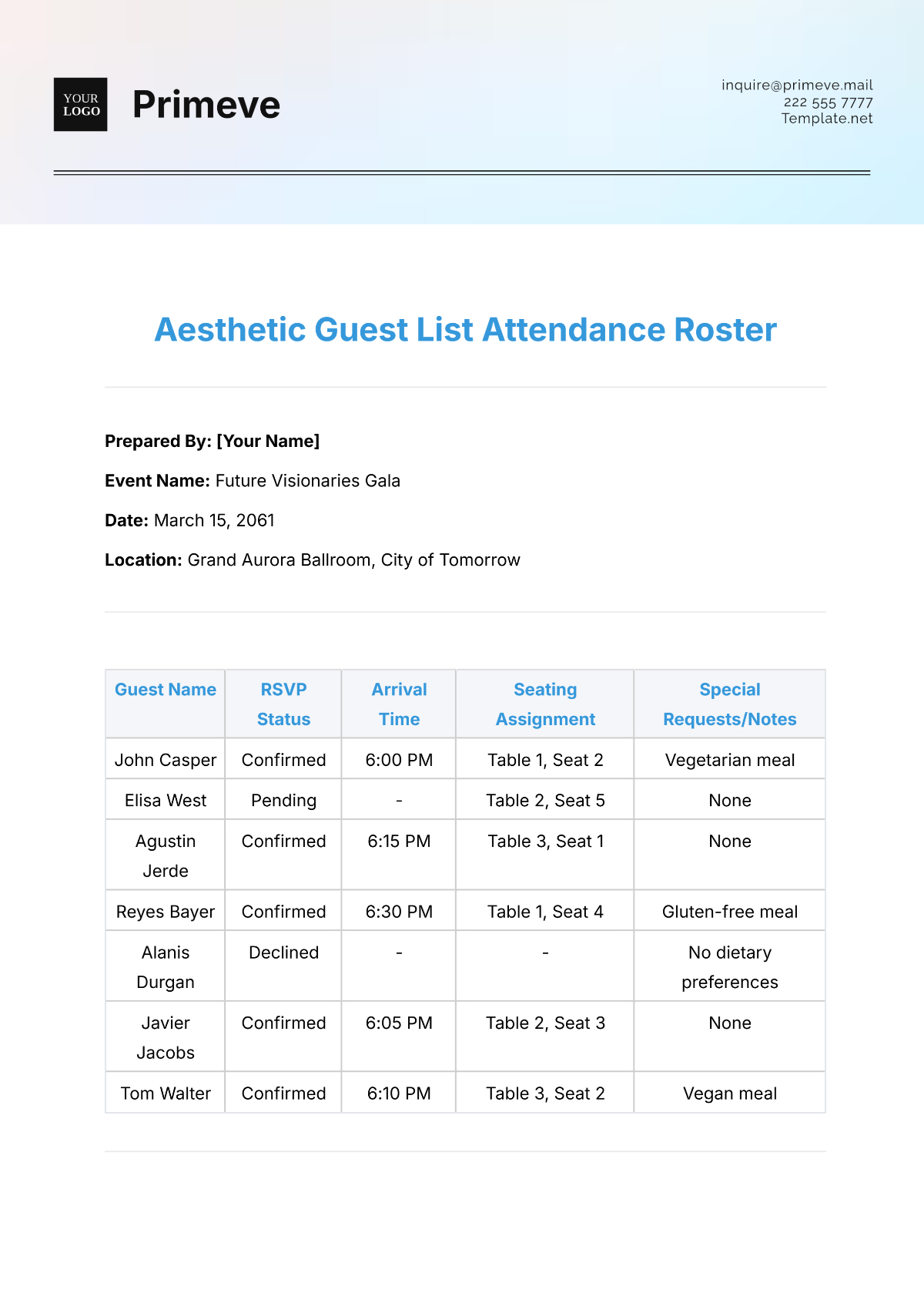 Aesthetic Guest List  Attendance Roster Template - Edit Online & Download