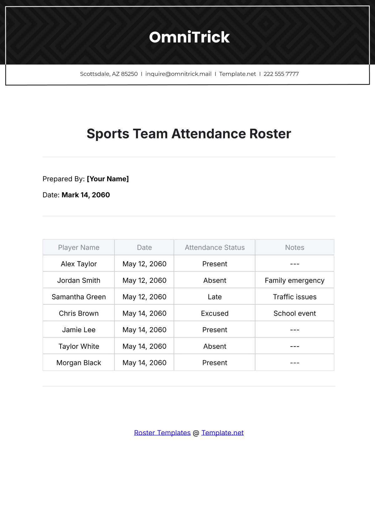 Sports Team Attendance Roster Template - Edit Online & Download