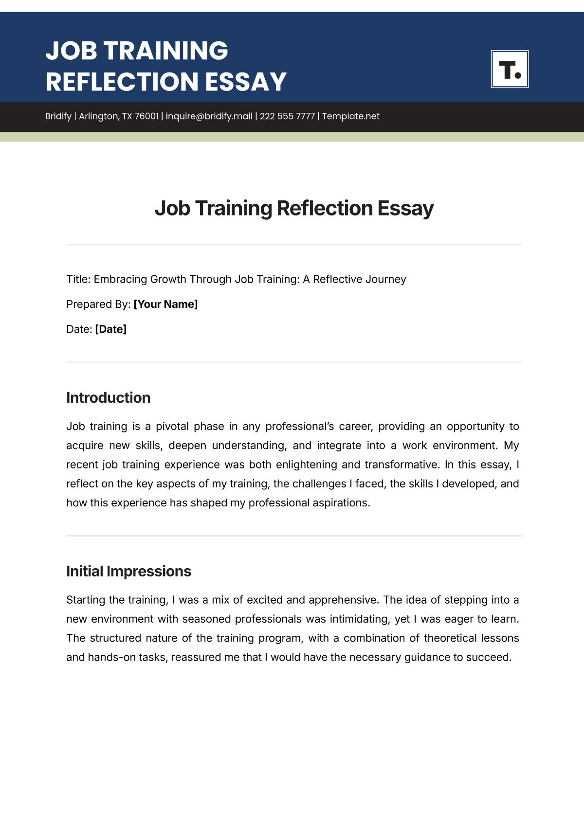 Job Training Reflection Essay Template - Edit Online & Download