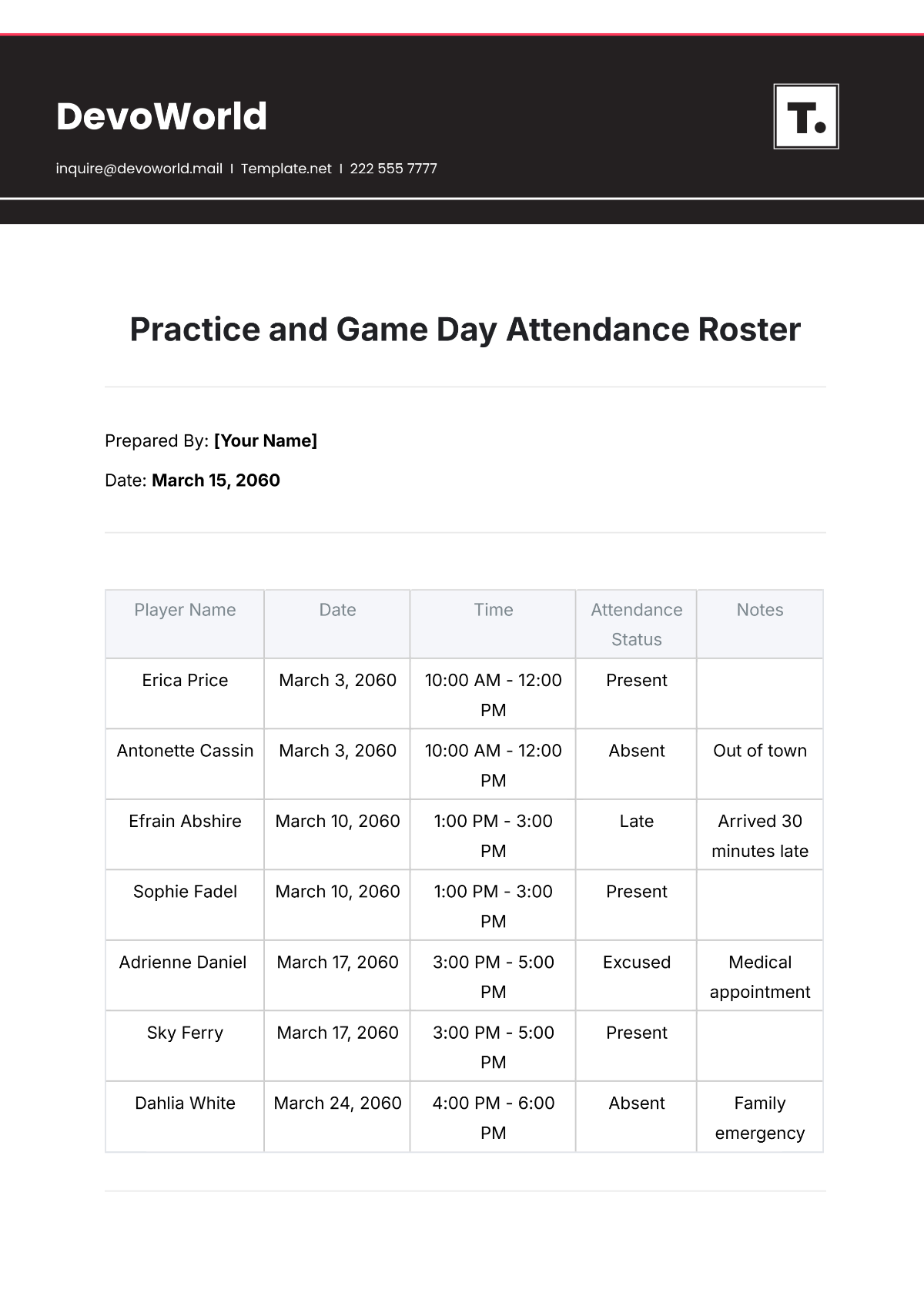 Practice and Game Day Attendance Roster Template - Edit Online & Download