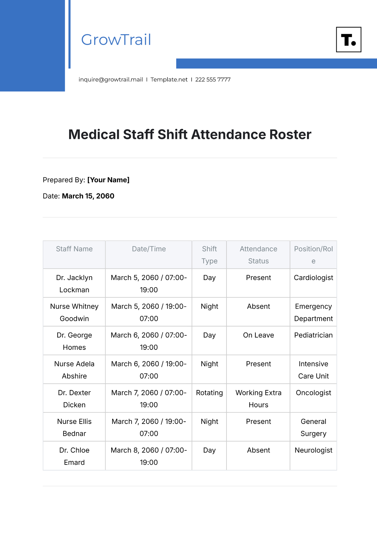 Medical Staff Shift Attendance Roster Template - Edit Online & Download