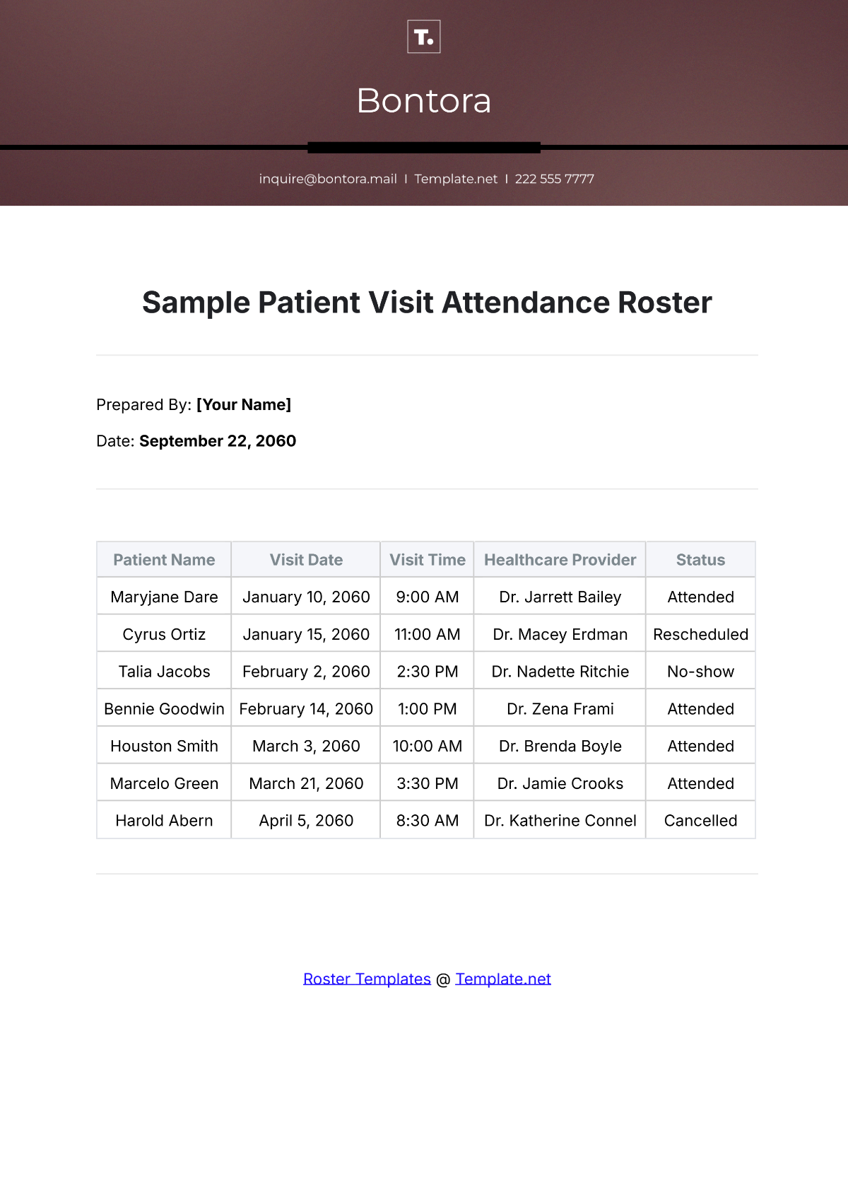 Sample Patient Visit Attendance Roster Template - Edit Online & Download