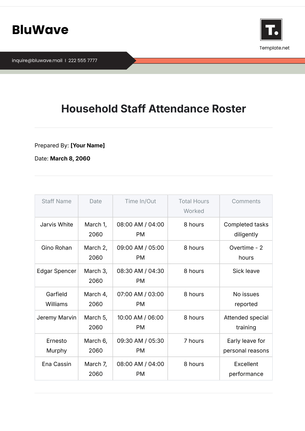 Household Staff Attendance Roster Template - Edit Online & Download