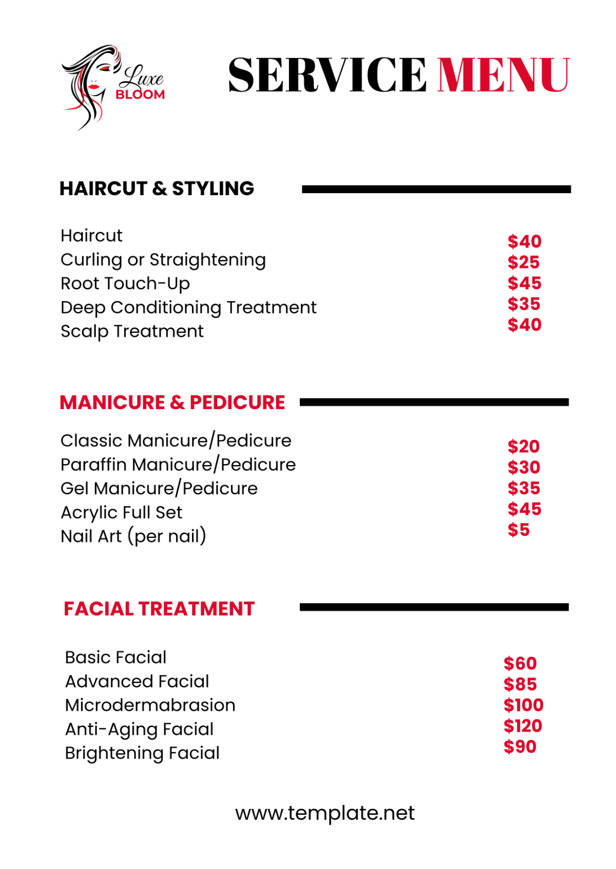 Free Beauty Parlor Service Menu Template - Edit Online & Download