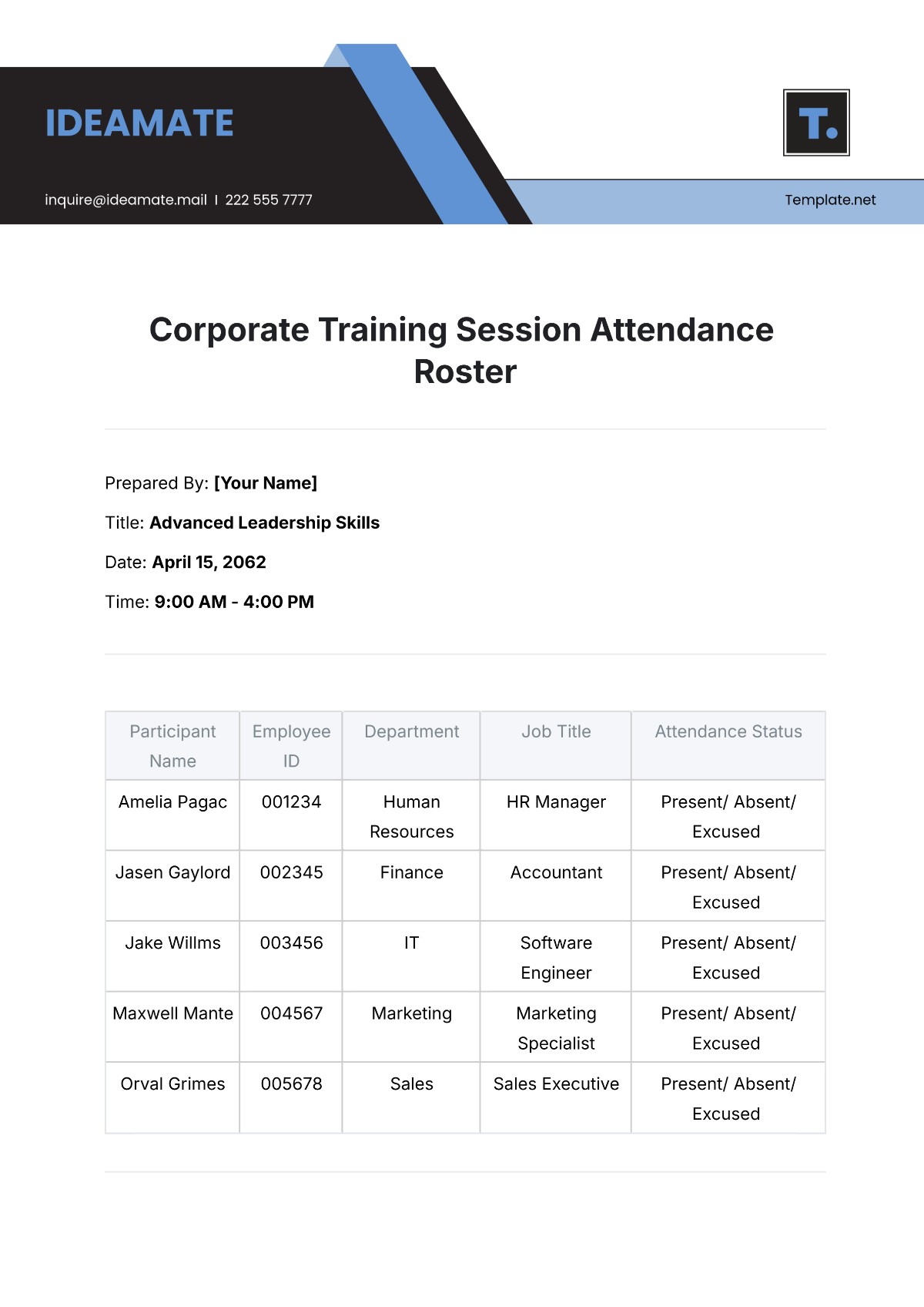 Corporate Training Session Attendance  Roster Template - Edit Online & Download