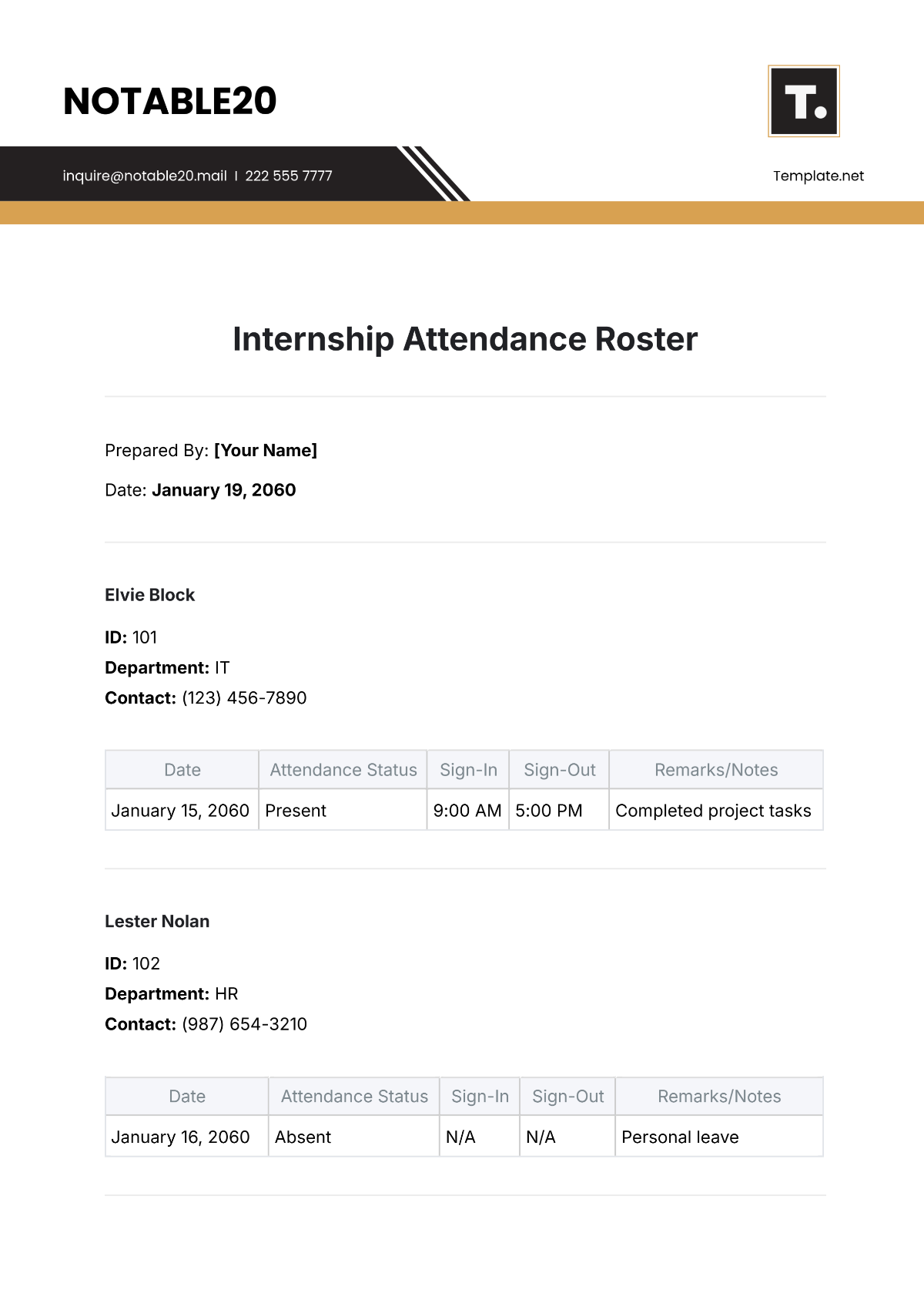 Internship Attendance Roster Template - Edit Online & Download