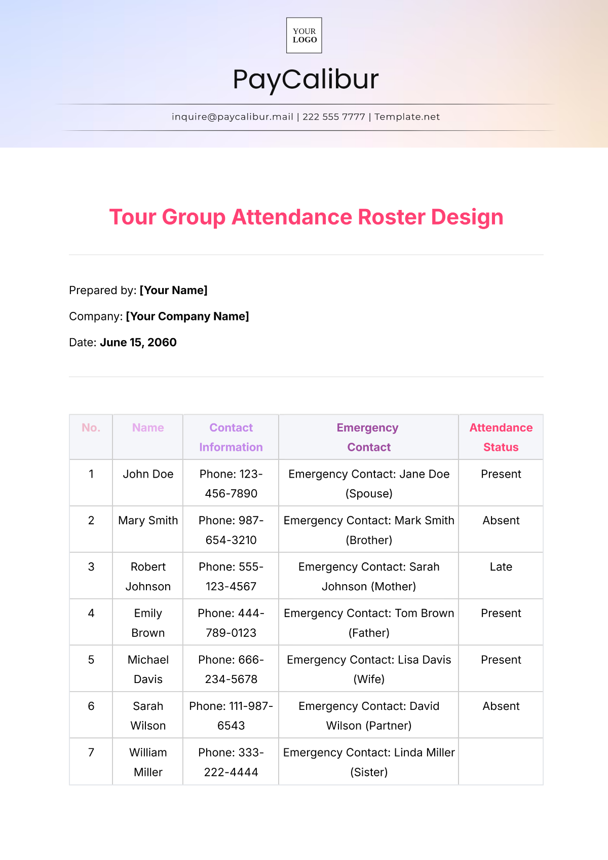 Tour Group Attendance Roster Design Template - Edit Online & Download