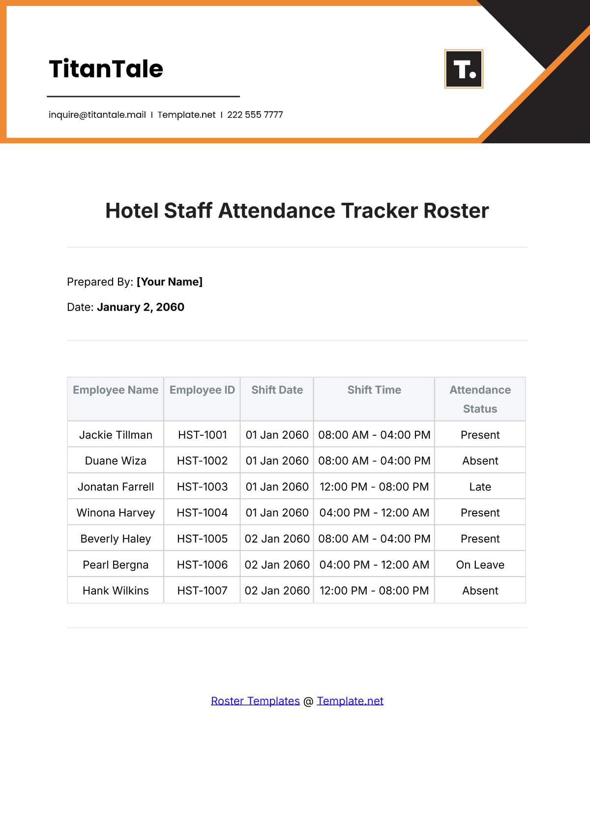 Hotel Staff Attendance Tracker Roster Template - Edit Online & Download