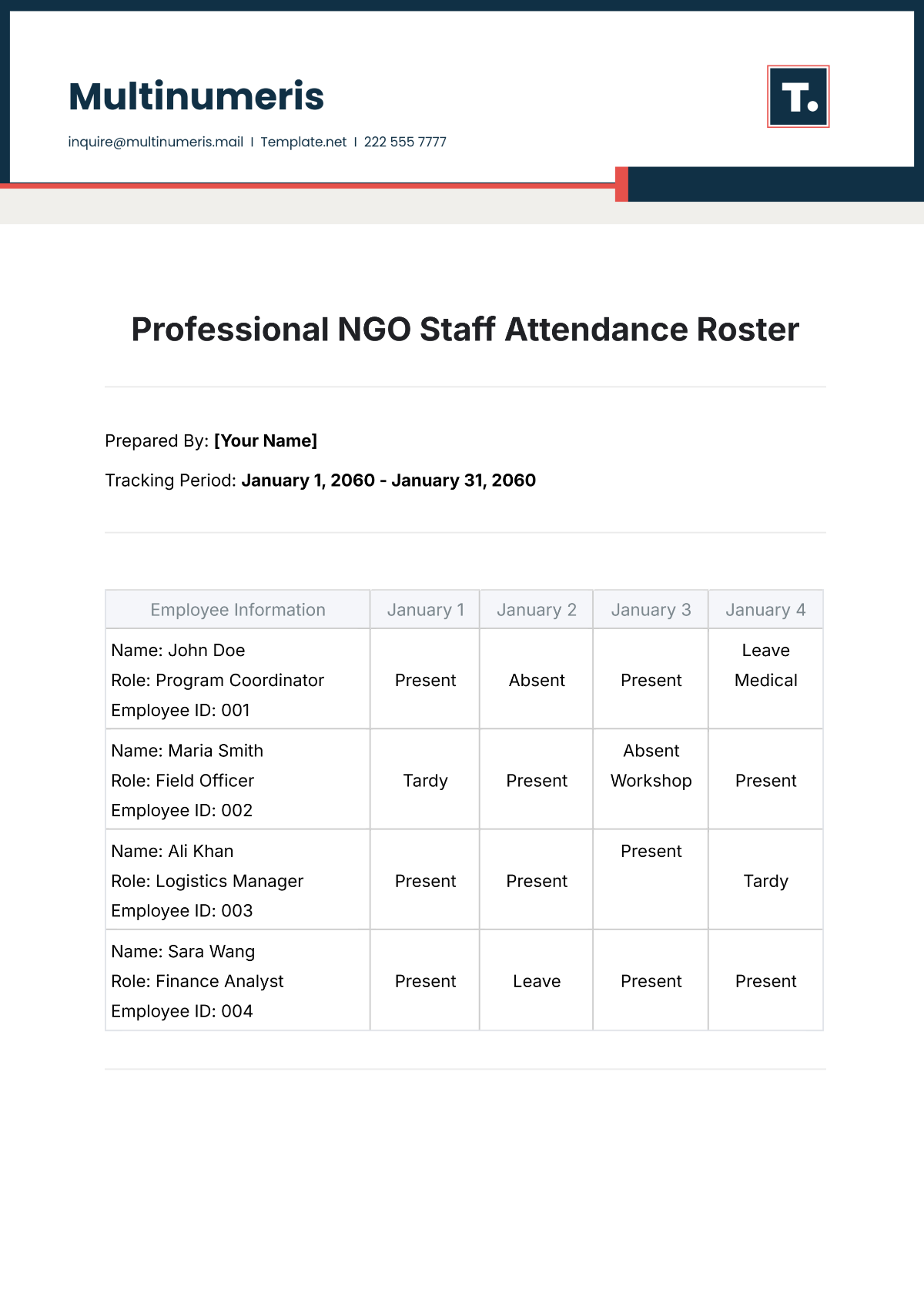 Professional NGO Staff Attendance Roster Template - Edit Online & Download