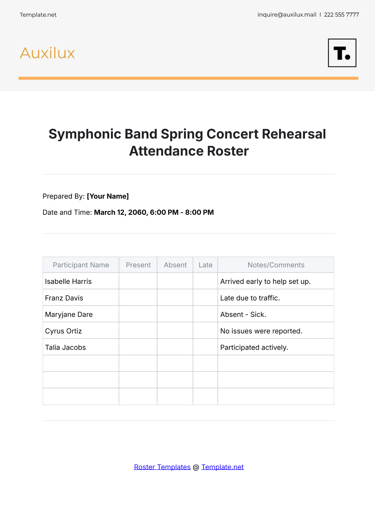 Rehearsal Attendance Roster Template - Edit Online & Download