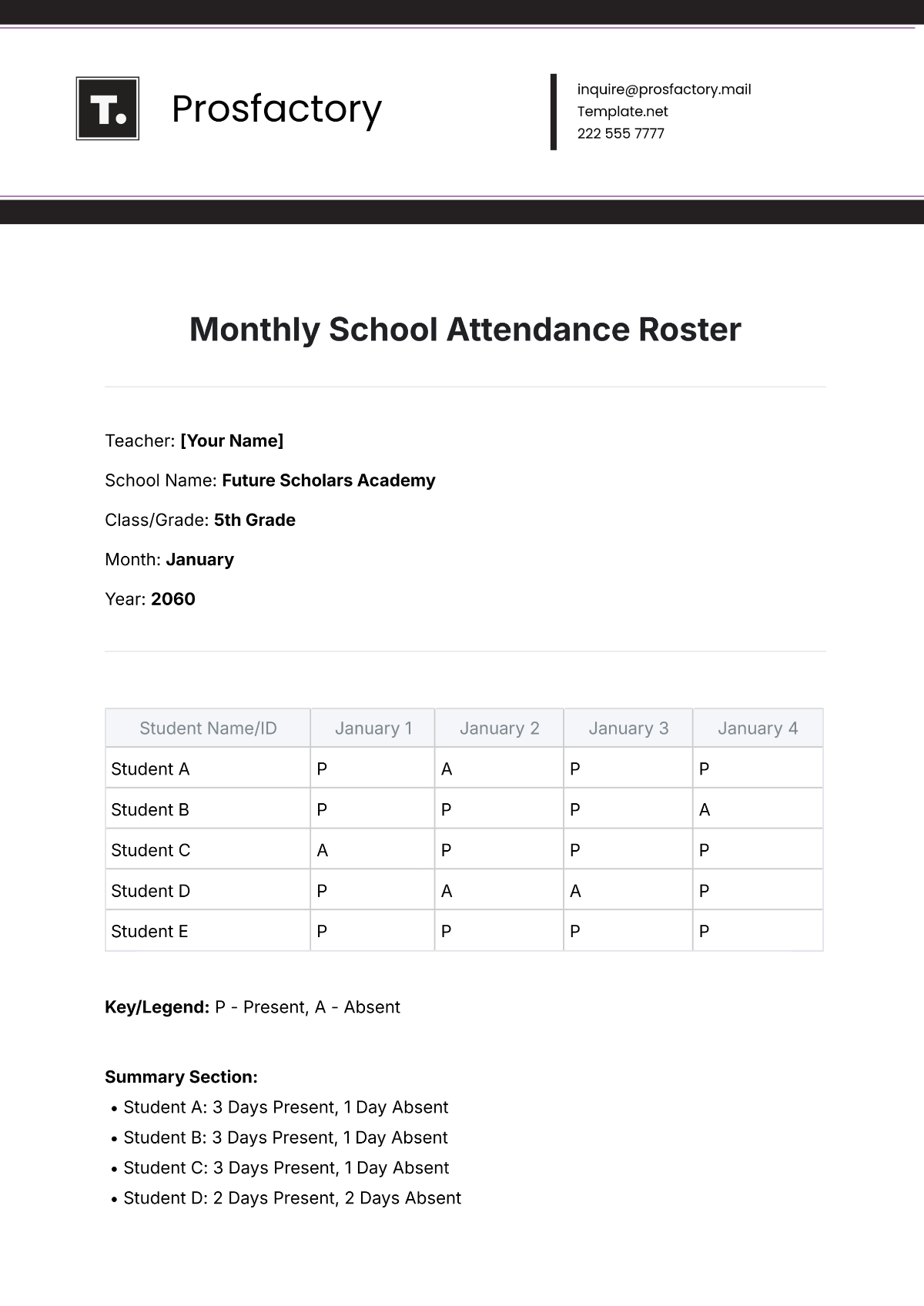 Monthly School Attendance Roster Template - Edit Online & Download