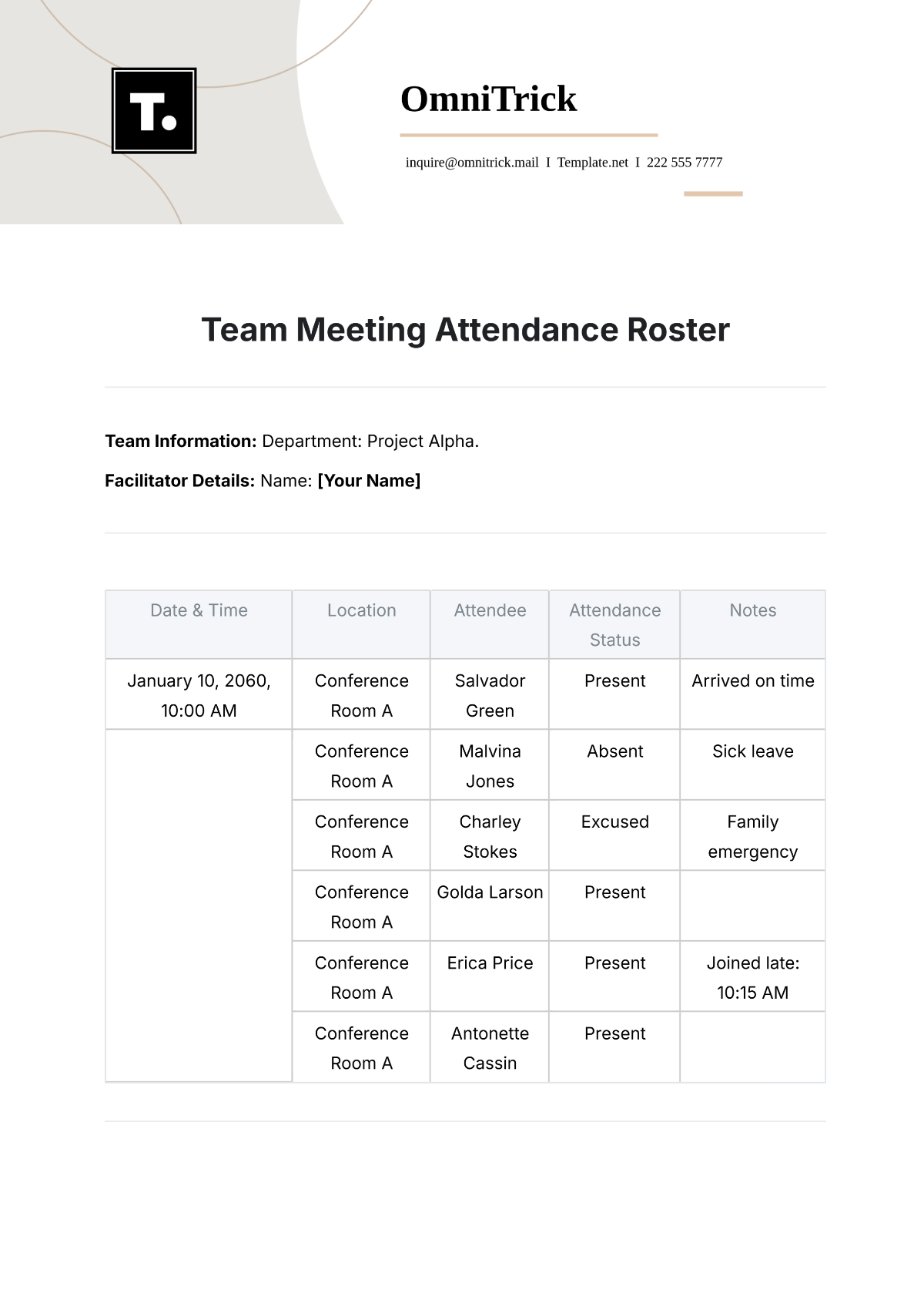 Team Meeting Attendance Roster Template - Edit Online & Download