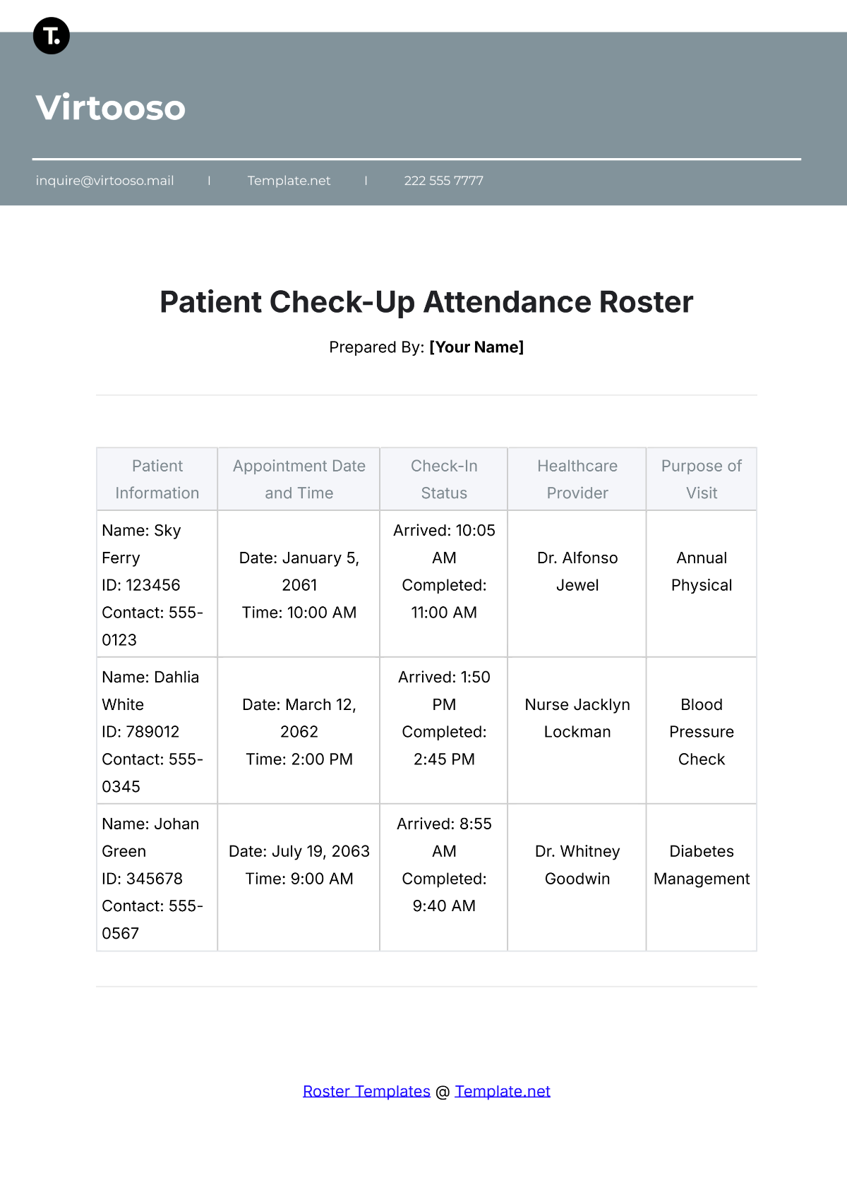 Patient Check- Up Attendance Roster Template - Edit Online & Download