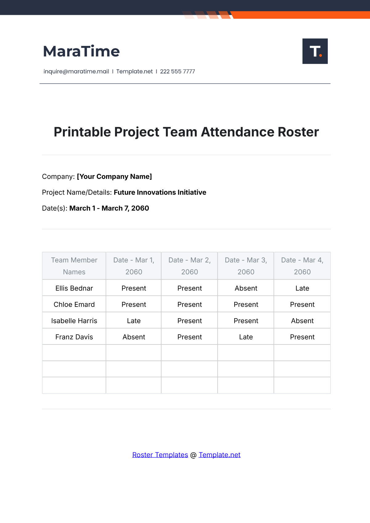 Printable Project Team Attendance Roster Template - Edit Online & Download