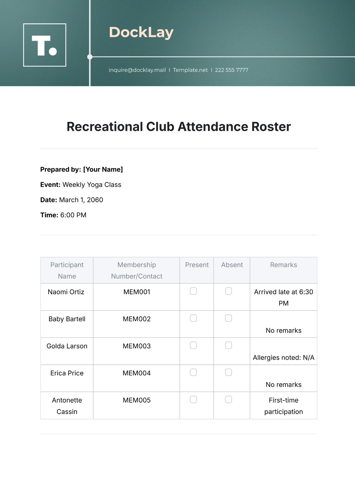 Recreational Club Attendance Roster Template - Edit Online & Download