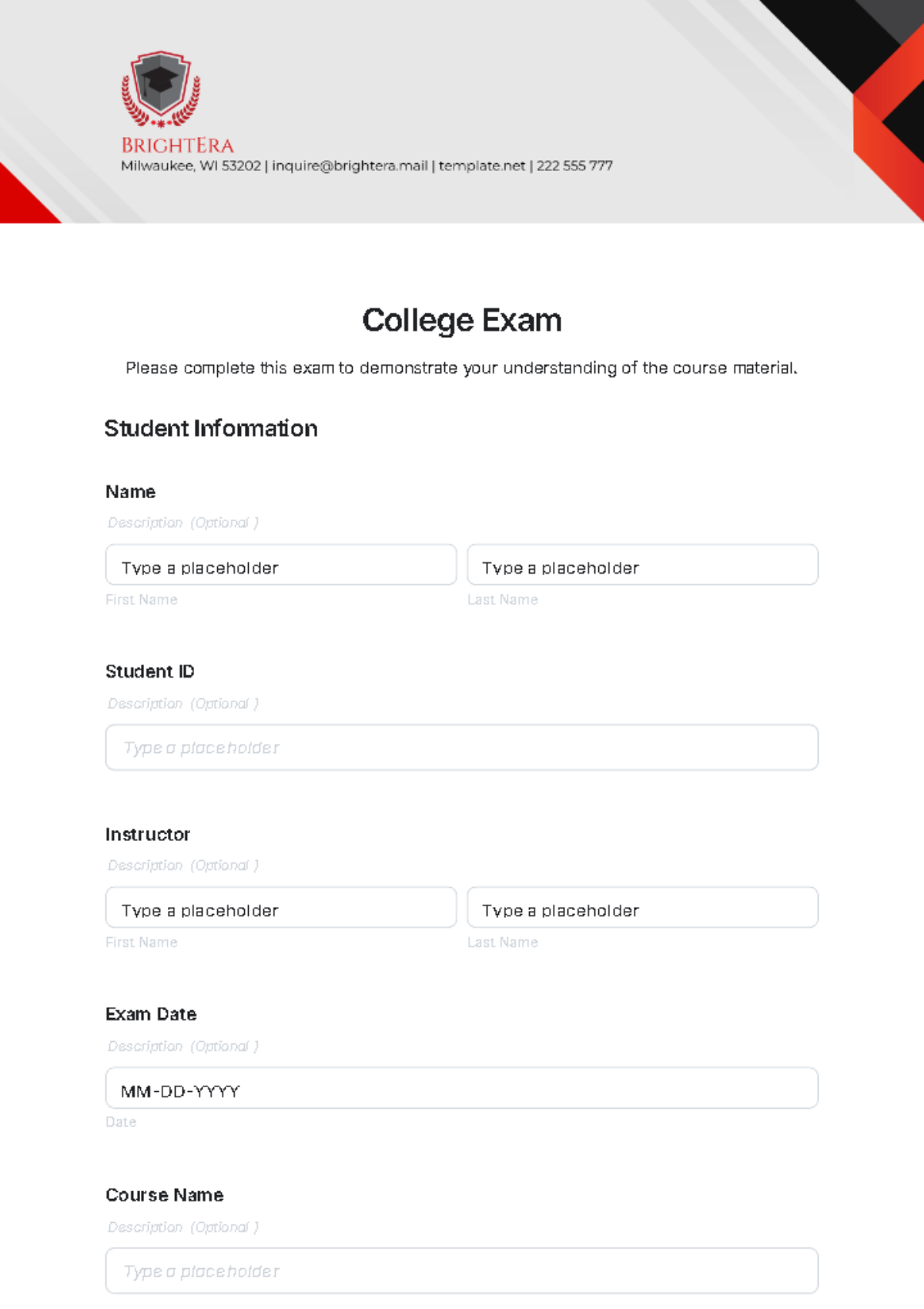 College Exam Template - Edit Online & Download