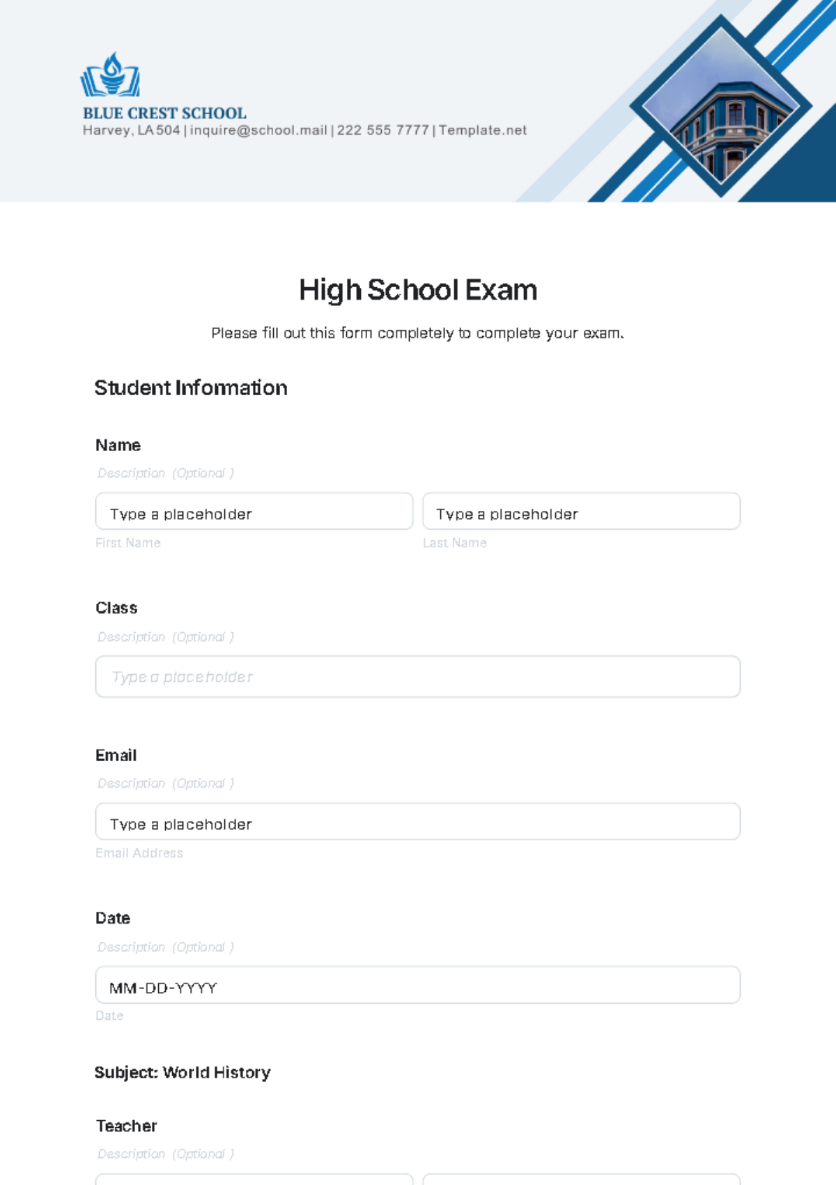 High School Exam Template - Edit Online & Download