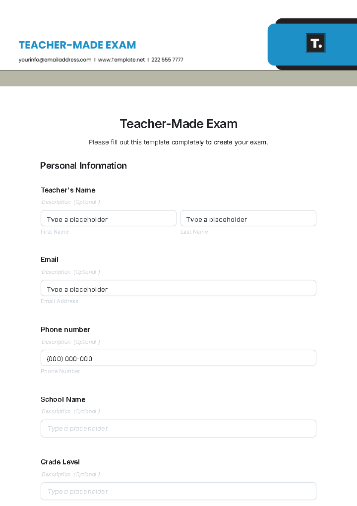 Teacher-Made Exam Template - Edit Online & Download