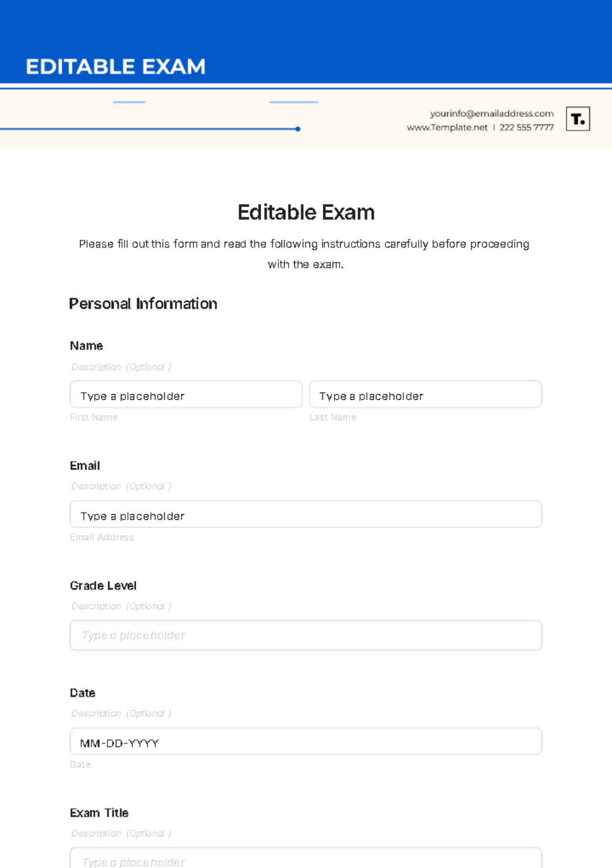 Editable Exam Template - Edit Online & Download