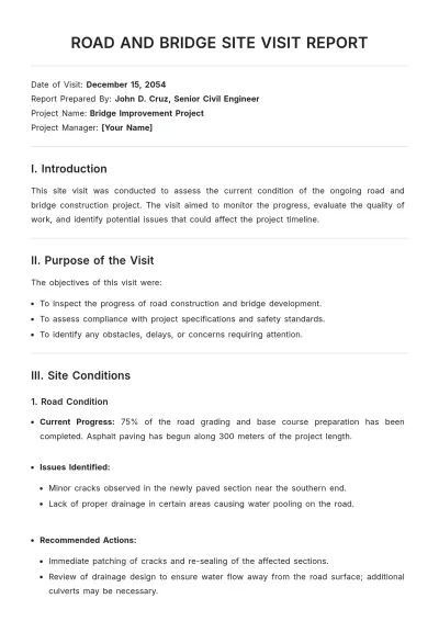 Free Road and Bridge Site Visit Report Template to Edit Online
