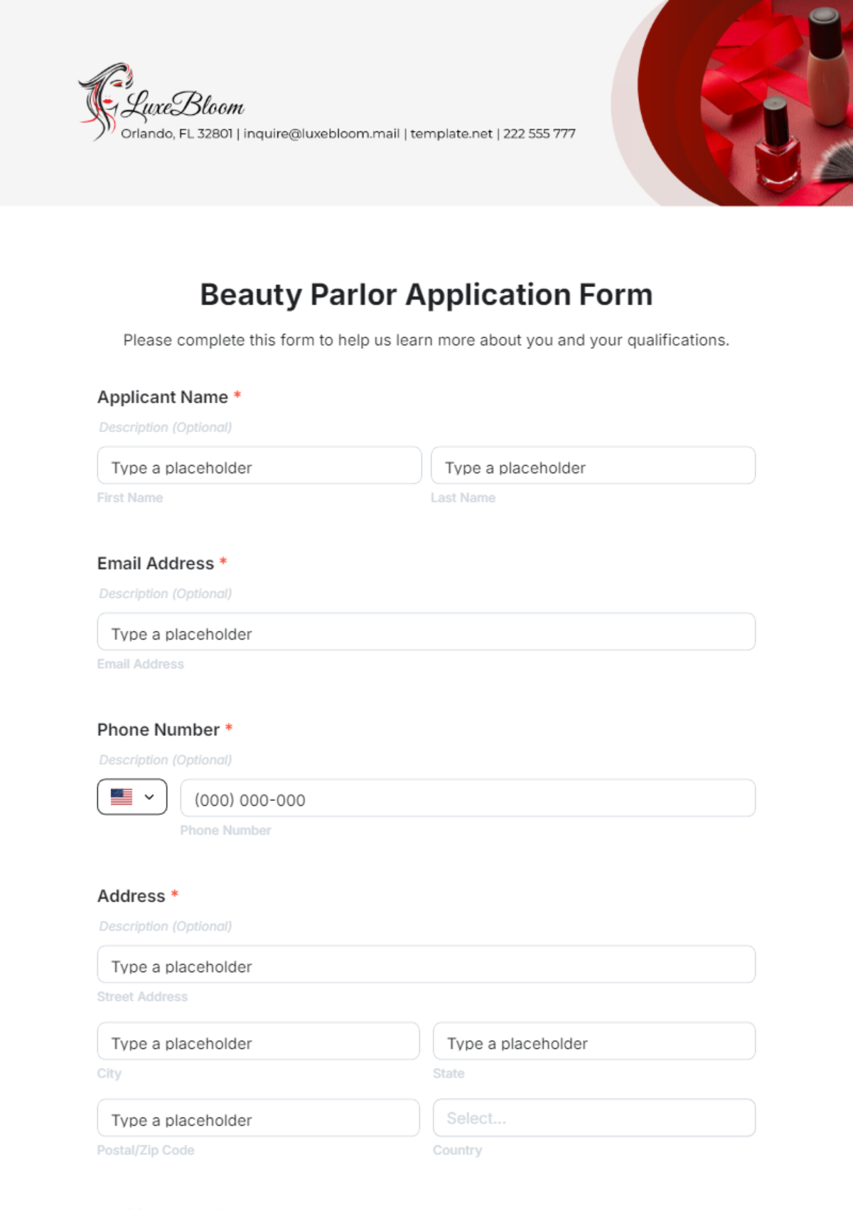 Beauty Parlor Application Form Template - Edit Online & Download