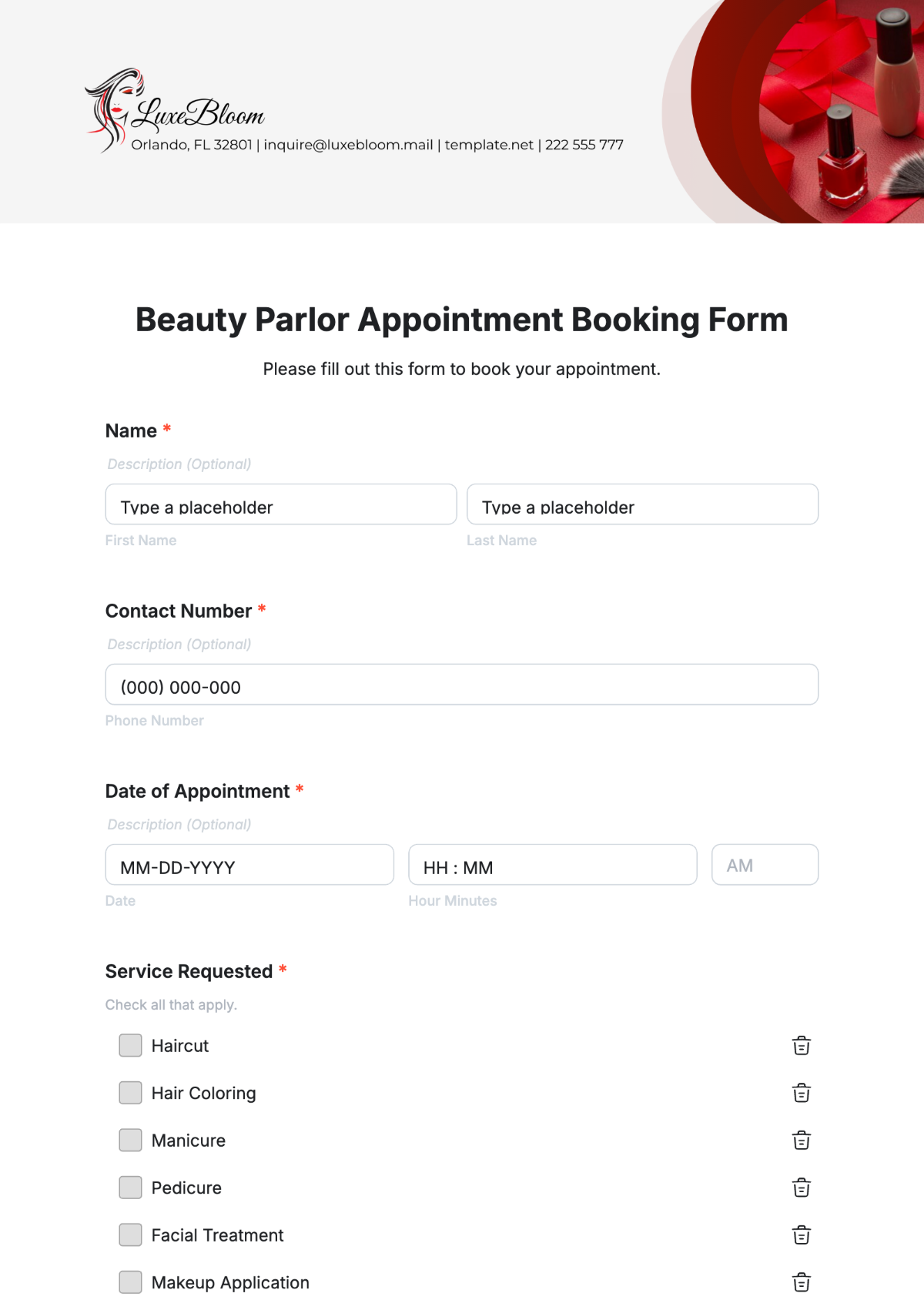 Beauty Parlor Appointment Booking Form Template - Edit Online & Download