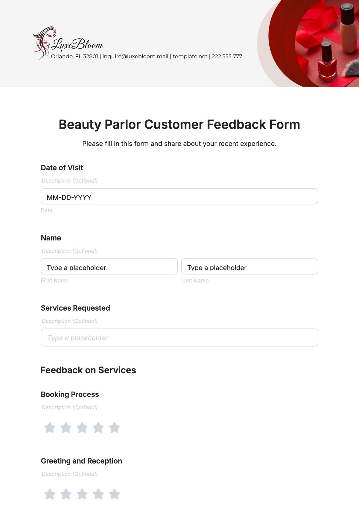 Beauty Parlor Customer Feedback Form Template - Edit Online & Download