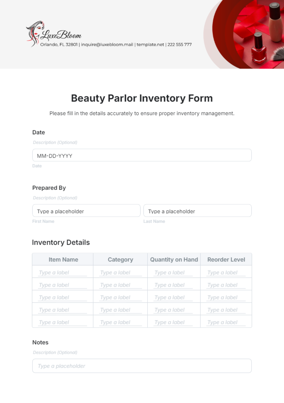 Beauty Parlor Inventory Form Template - Edit Online & Download