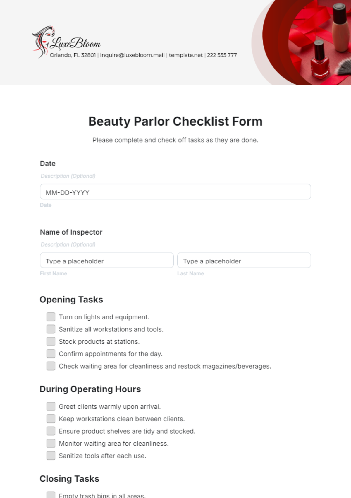 Beauty Parlor Checklist Form Template - Edit Online & Download