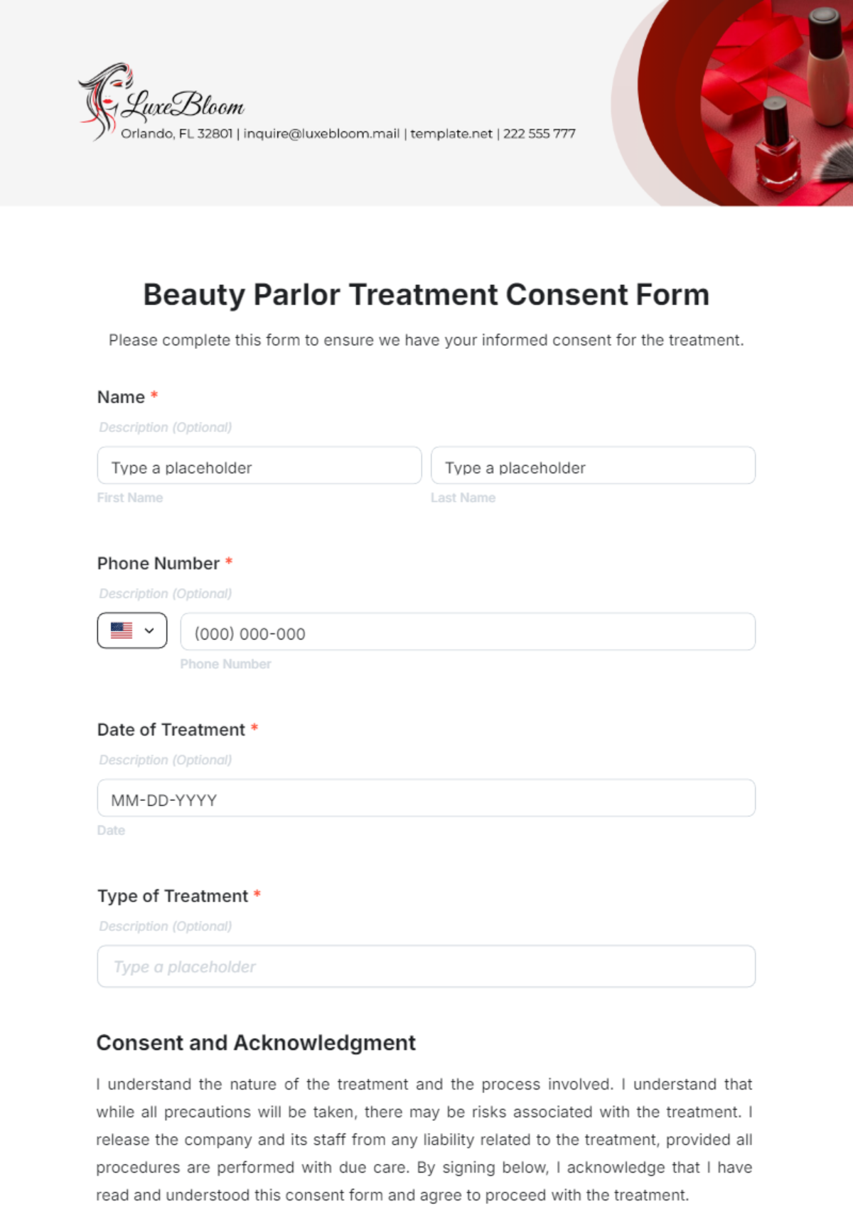 Beauty Parlor Treatment Consent Form Template - Edit Online & Download