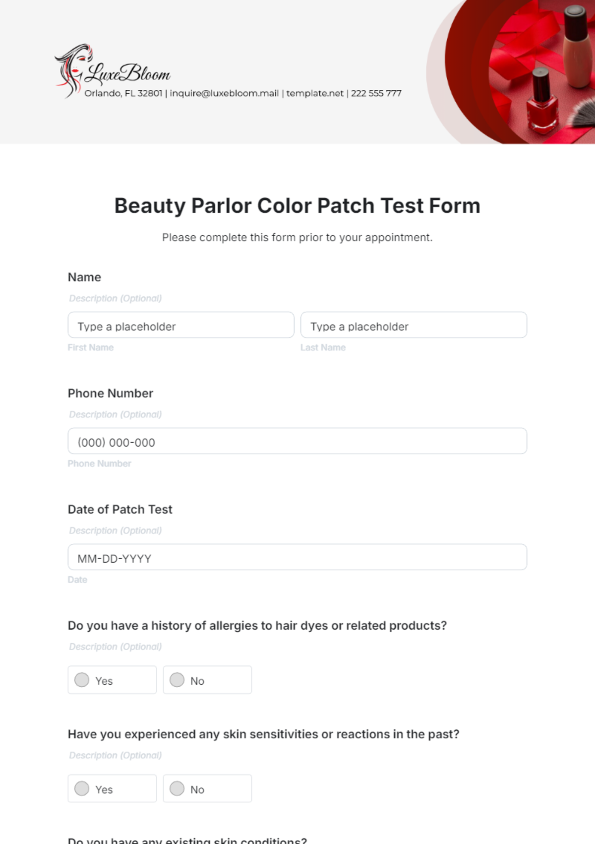 Beauty Parlor Color Patch Test Form Template - Edit Online & Download