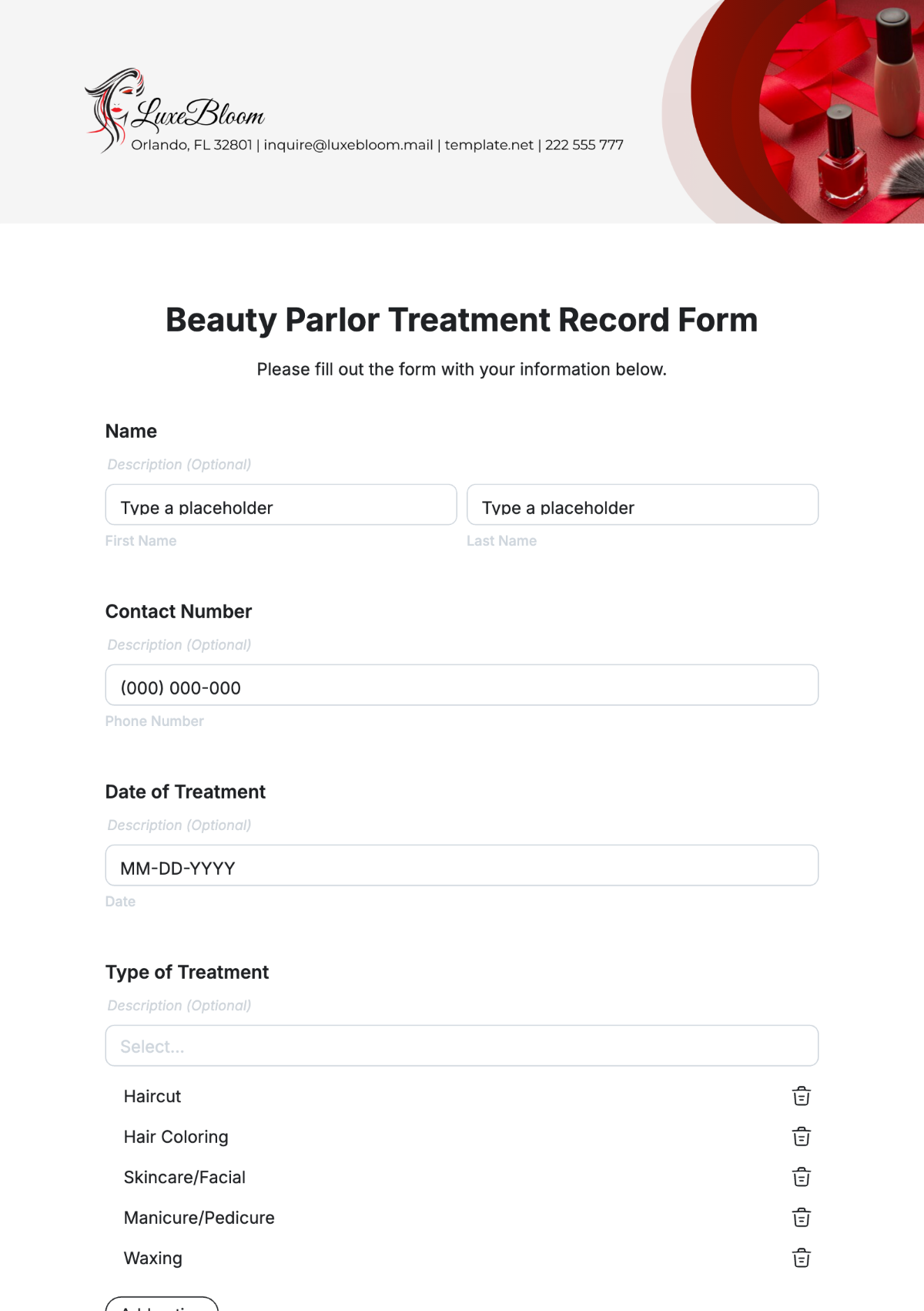 Beauty Parlor Treatment Record Form Template - Edit Online & Download