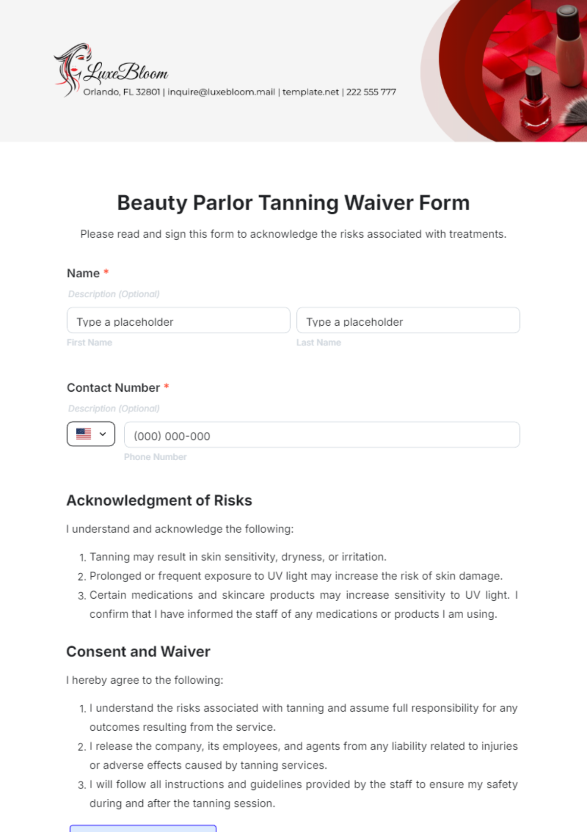 Beauty Parlor Tanning Waiver Form Template - Edit Online & Download