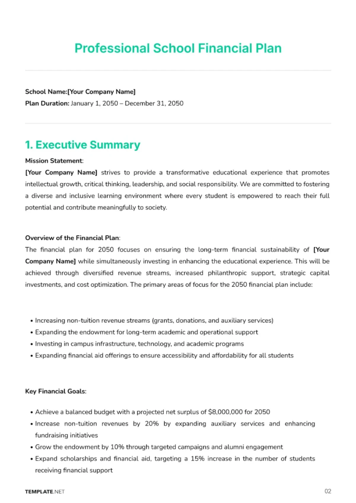 Free Professional School Financial Plan Template to Edit Online