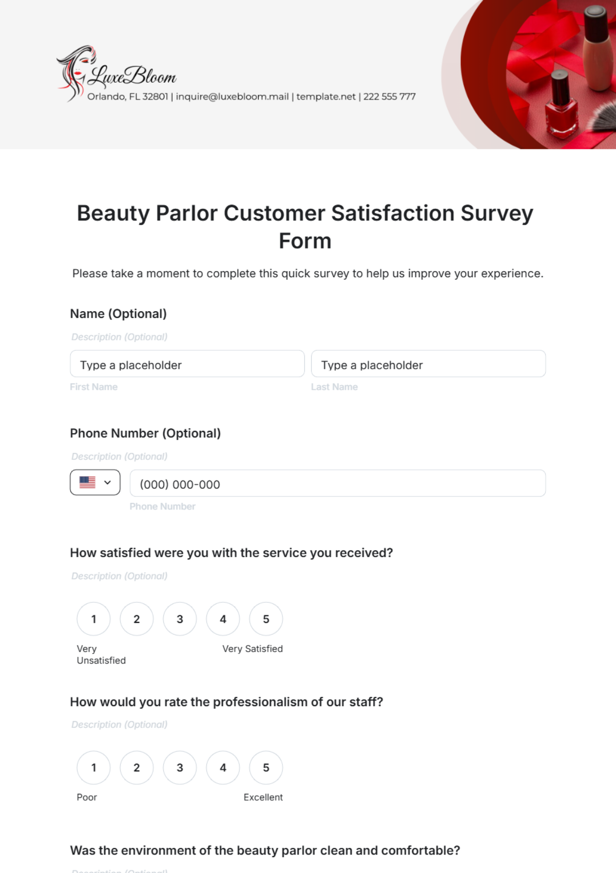 Beauty Parlor Customer Satisfaction Survey Form Template - Edit Online & Download