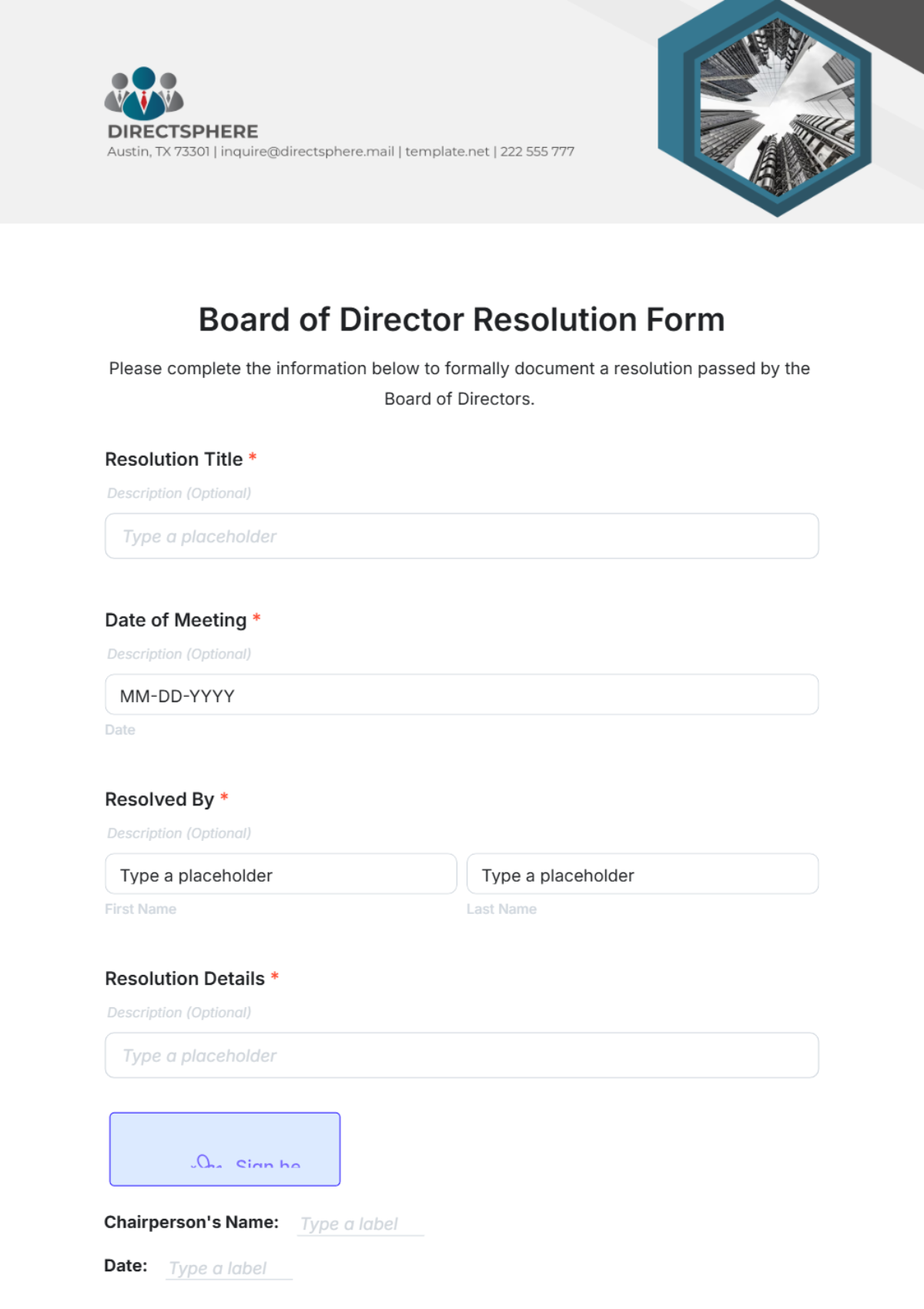 Free Board of Director Resolution Form Template