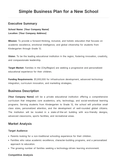Free Simple Business Plan for a New School Template to Edit Online