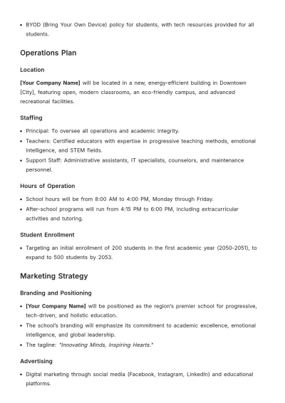 Free Simple Business Plan for a New School Template to Edit Online
