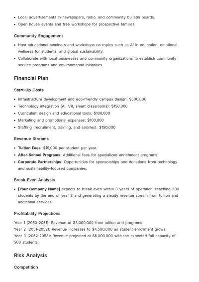 Free Simple Business Plan for a New School Template to Edit Online