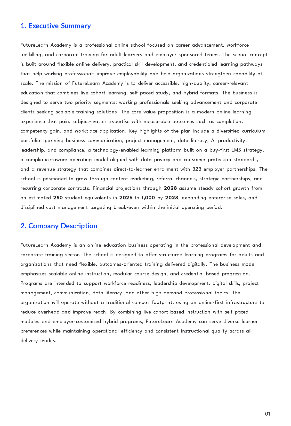 Free Online School Business Plan Template to Edit Online