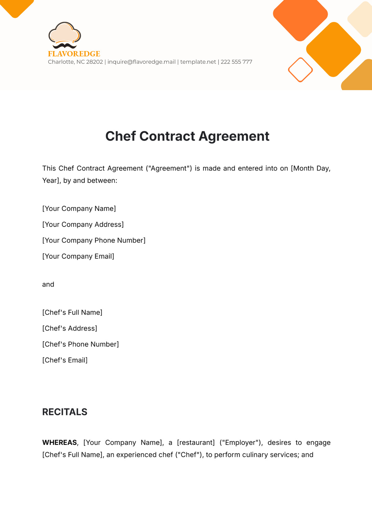 Chef Contract Agreement Template - Edit Online & Download