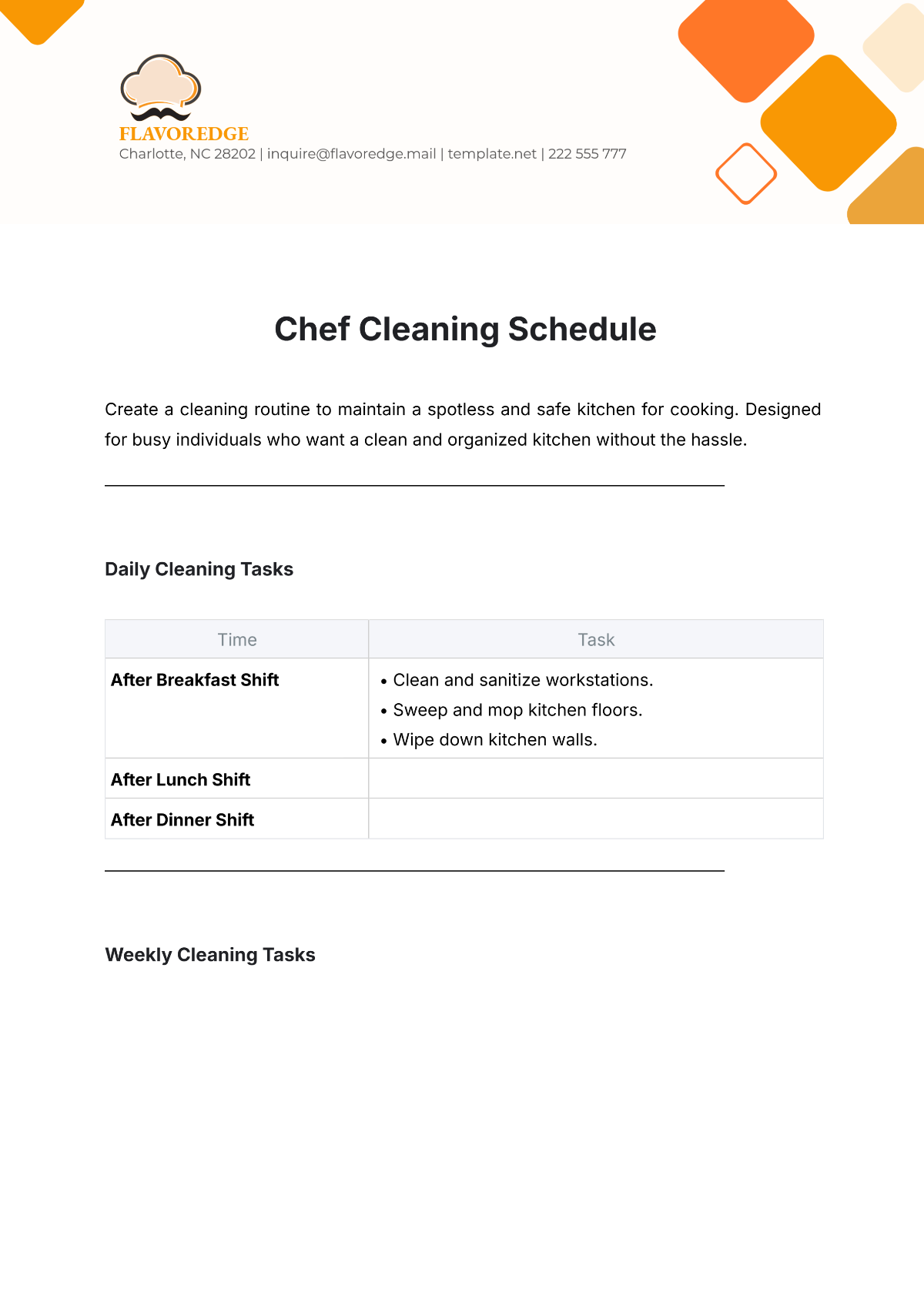 Chef Cleaning Schedule Template - Edit Online & Download